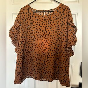 SHEIN Curve Brown Cheetah Ruffle Sleeve Top